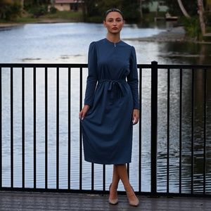DEVORAH'S SECRET Slate Blue Modest Midi Dress 100% Cotton